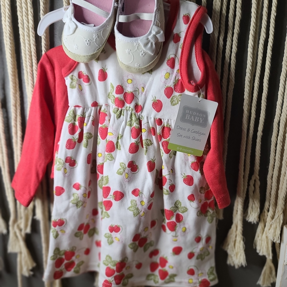 Cute strawberry dress sweater and shoes set in 6-9months by Hudson baby.
